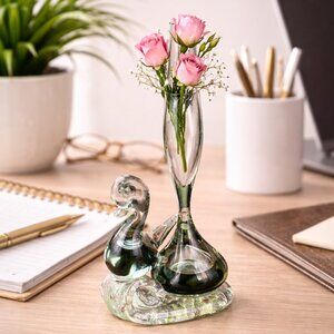 Vintage Swan Vase, Hand Blown Art Glass Mini Vase with Etched Swirl Tulip Stem